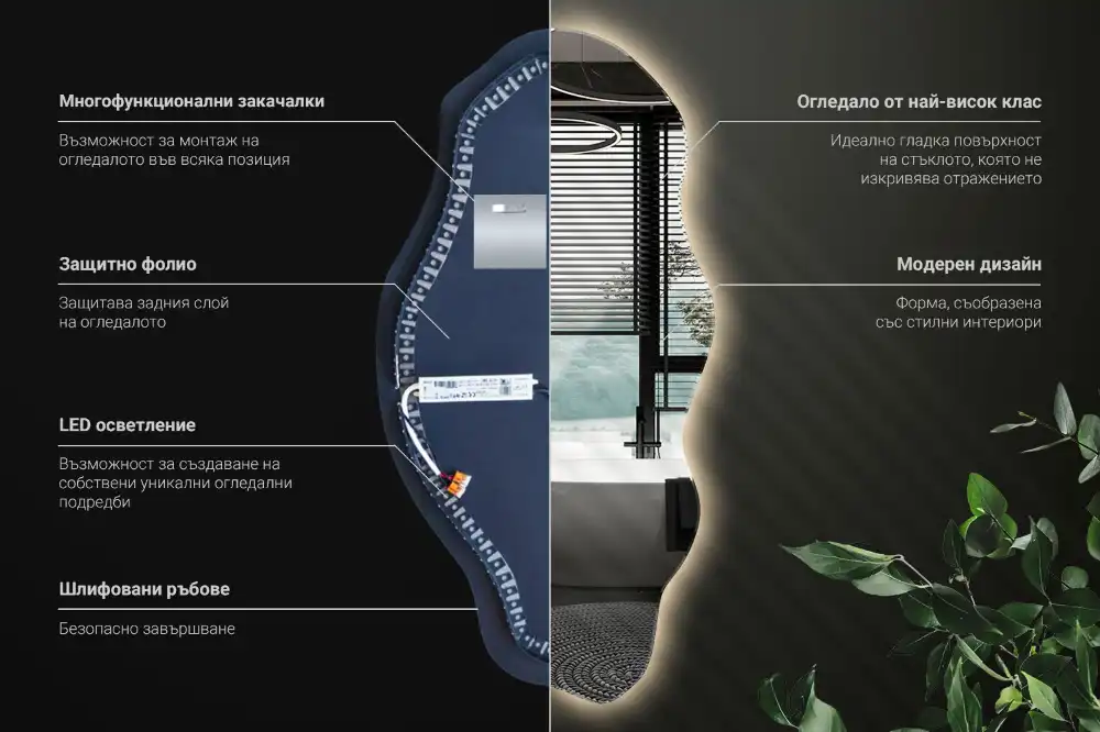 Asimetrično ogledalo z led osvetlitvijo v obliki madeža