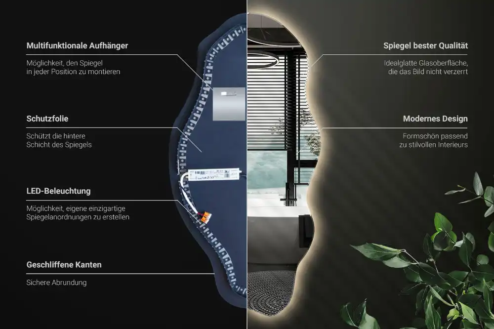 Asimetrično ogledalo z led osvetlitvijo v obliki madeža