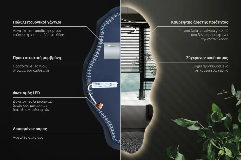 Asimetrično ogledalo z led osvetlitvijo v obliki madeža