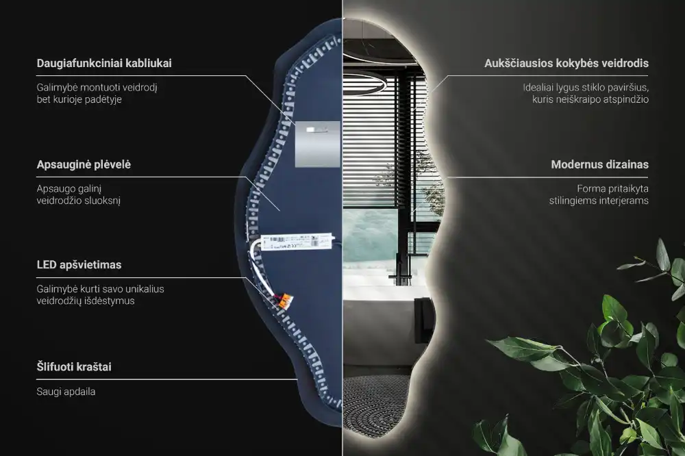 Asimetrično ogledalo z led osvetlitvijo v obliki madeža