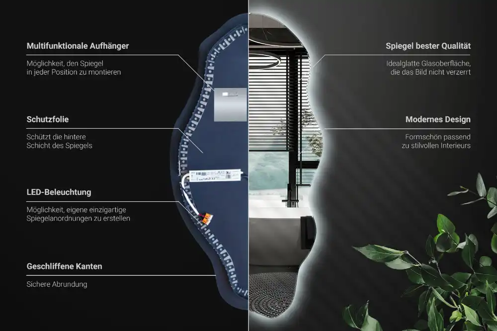 Asimetrično ogledalo z led osvetlitvijo v obliki madeža