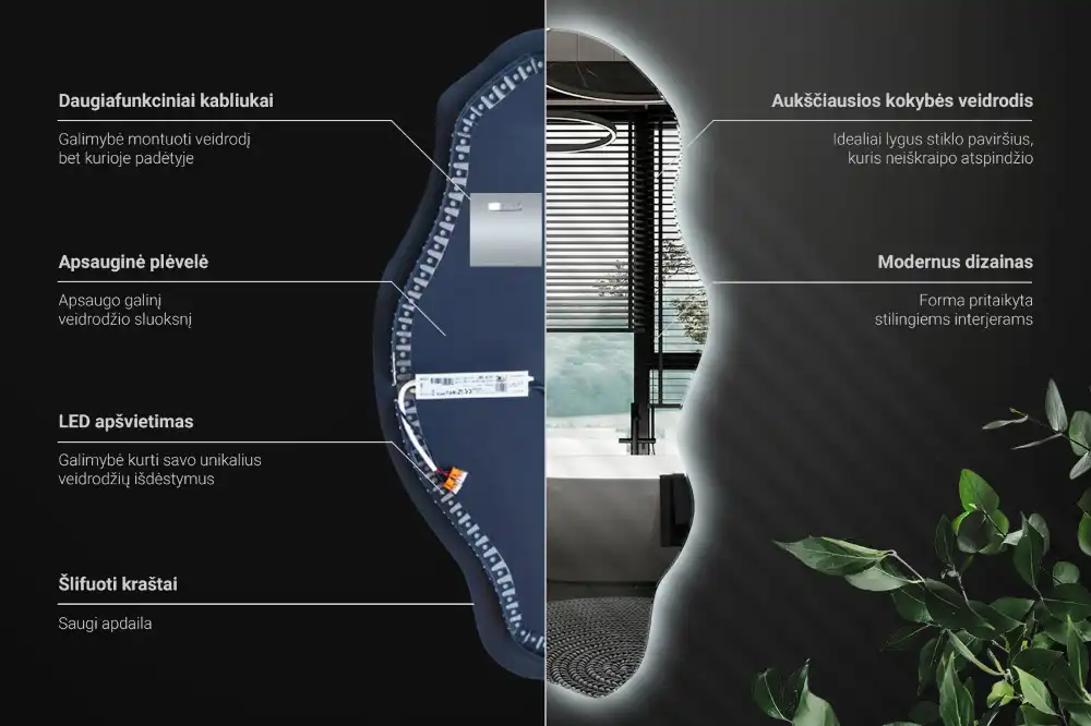 Asimetrično ogledalo z led osvetlitvijo v obliki madeža