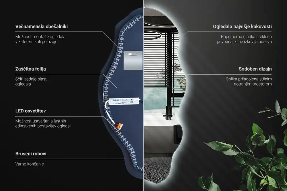 Asimetrično ogledalo z led osvetlitvijo v obliki madeža