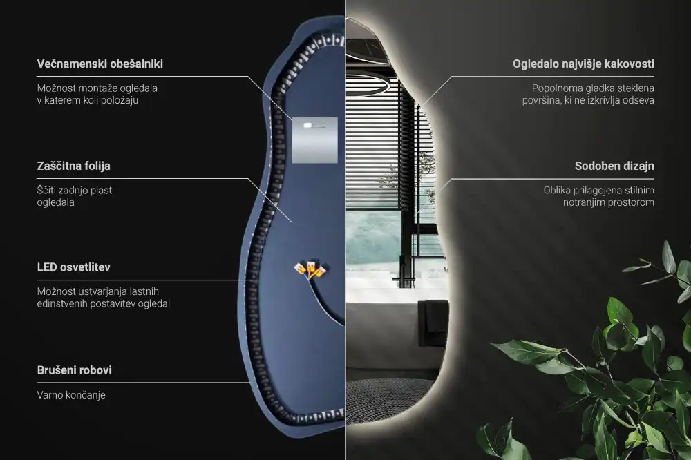Stilsko nepravilno ogledalo z LED osvetlitvijo