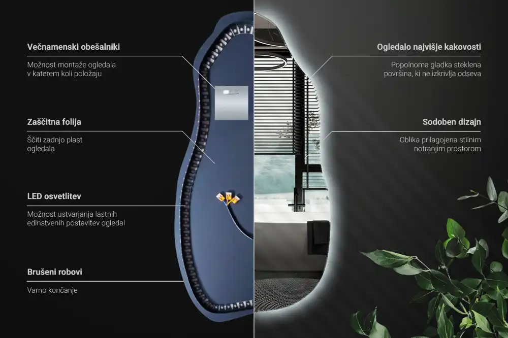 Stilsko nepravilno ogledalo z LED osvetlitvijo