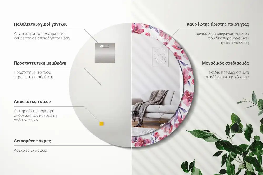 Okroglo stensko okrasno ogledalo Akvarelne rože