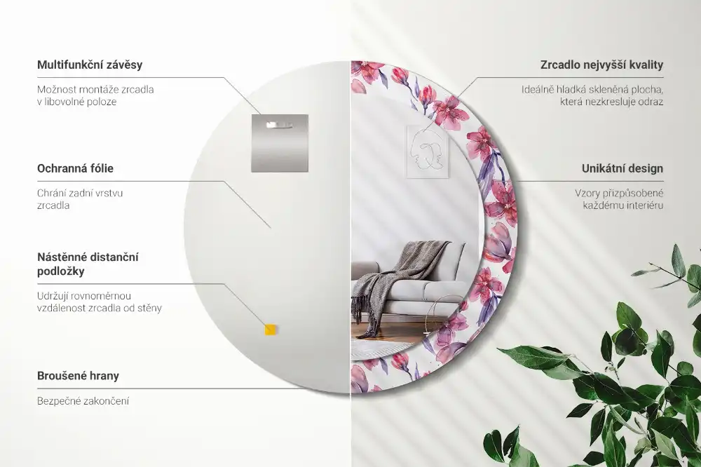 Okroglo stensko okrasno ogledalo Akvarelne rože