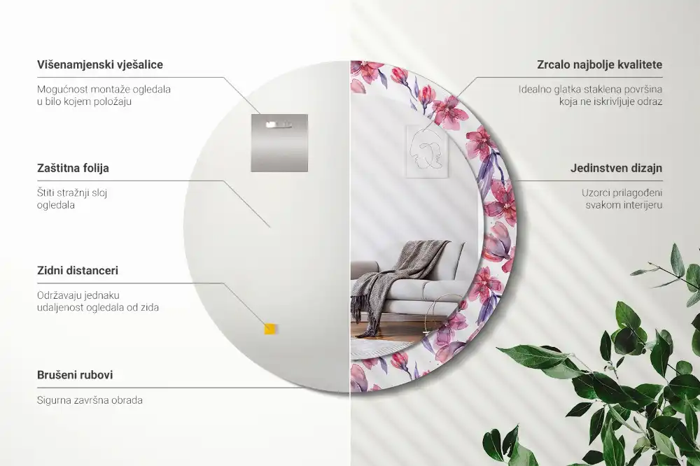 Okroglo stensko okrasno ogledalo Akvarelne rože