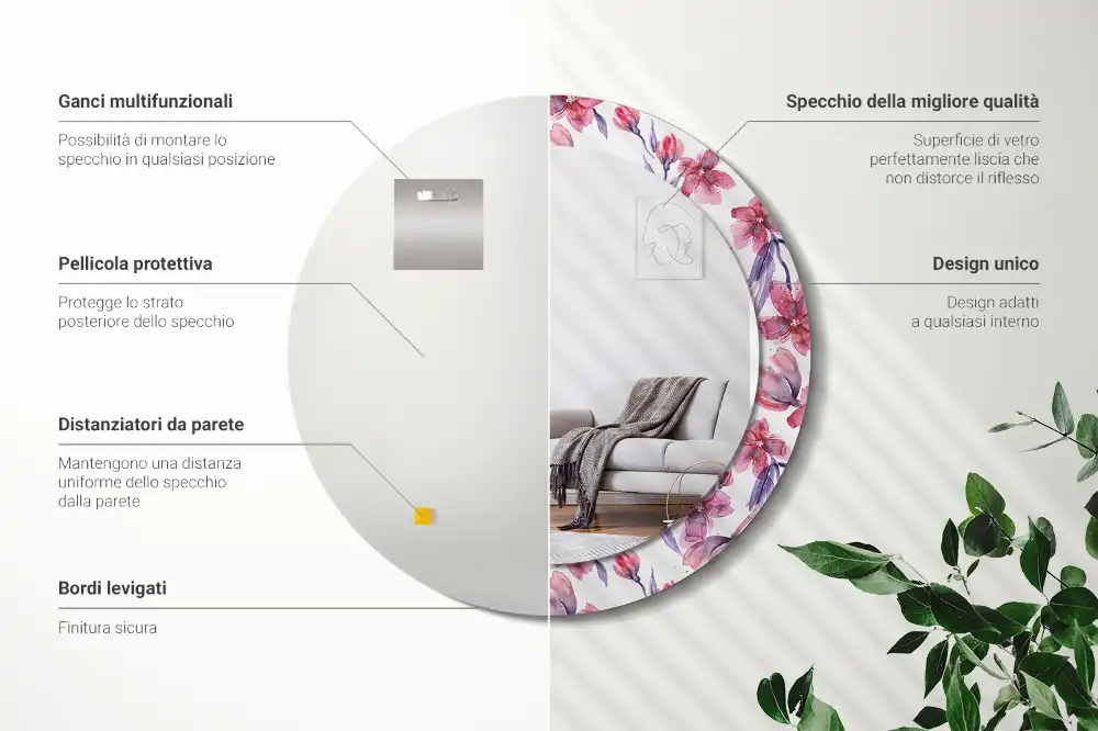 Okroglo stensko okrasno ogledalo Akvarelne rože