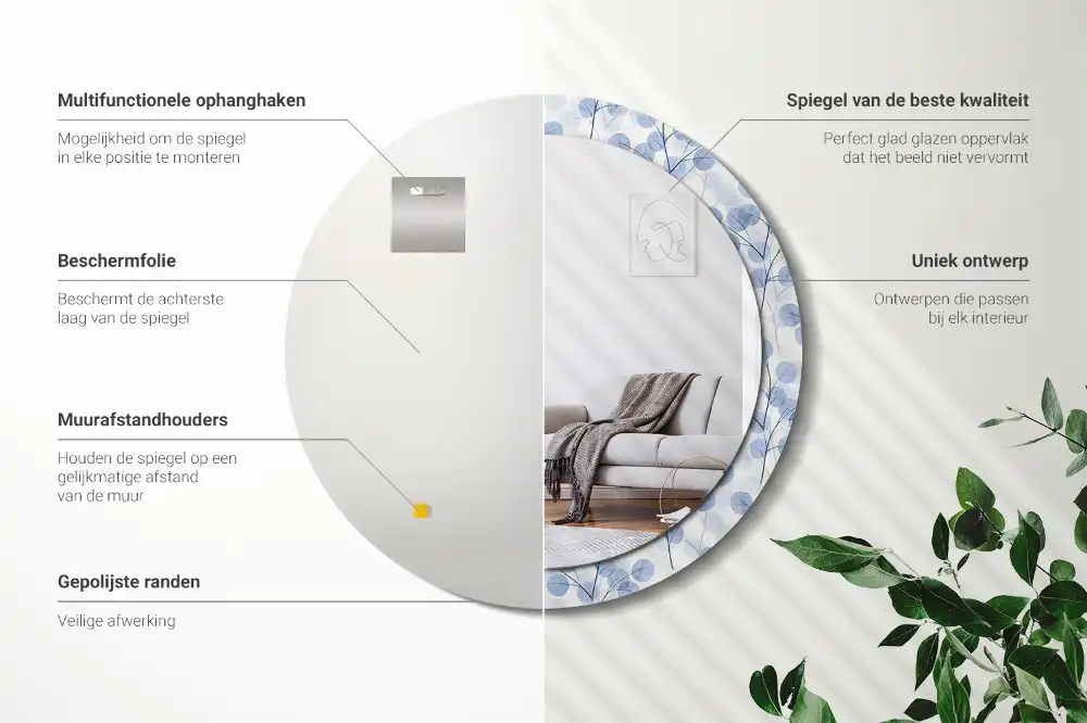 Okroglo stensko okrasno ogledalo Veje in listi