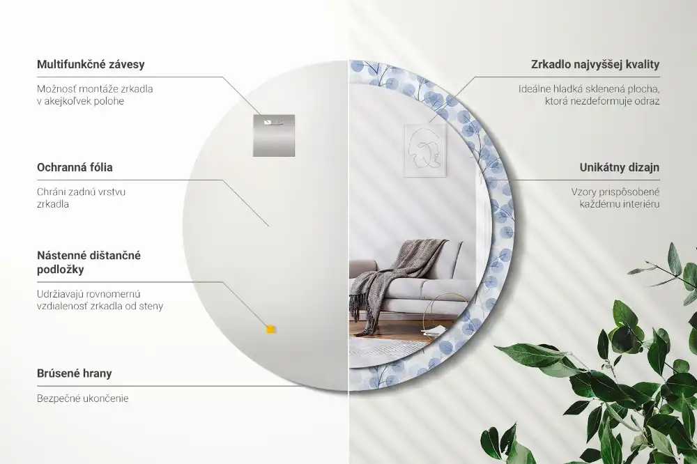 Okroglo stensko okrasno ogledalo Veje in listi