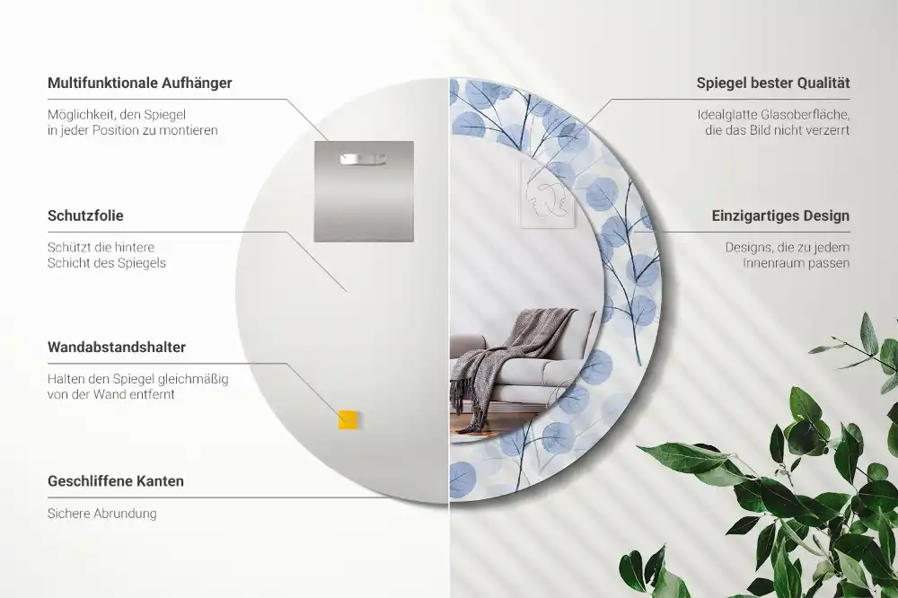 Okroglo stensko okrasno ogledalo Veje in listi