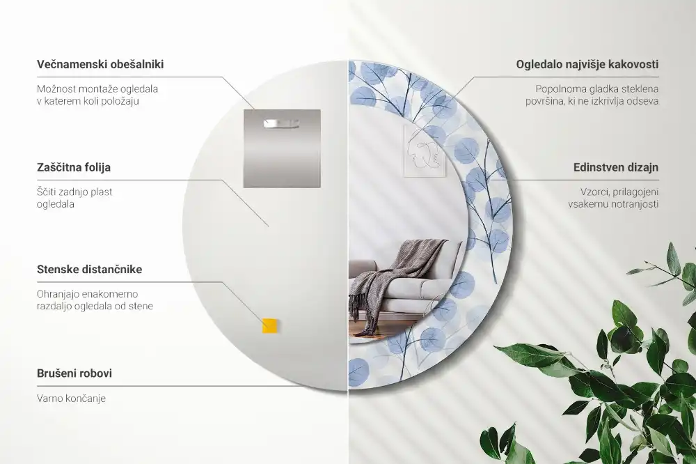 Okroglo stensko okrasno ogledalo Veje in listi