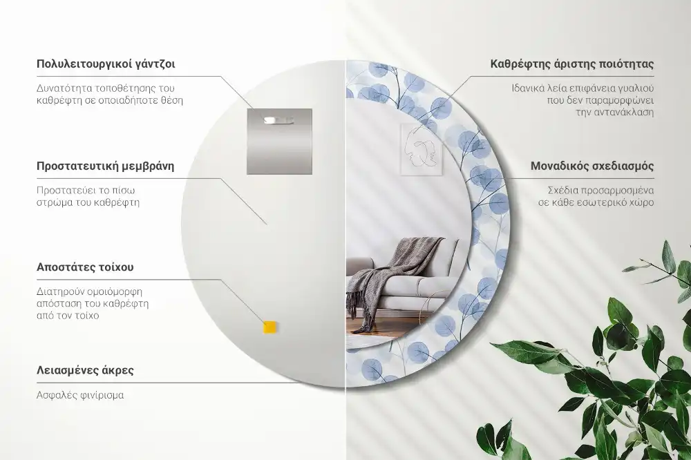 Okroglo stensko okrasno ogledalo Veje in listi