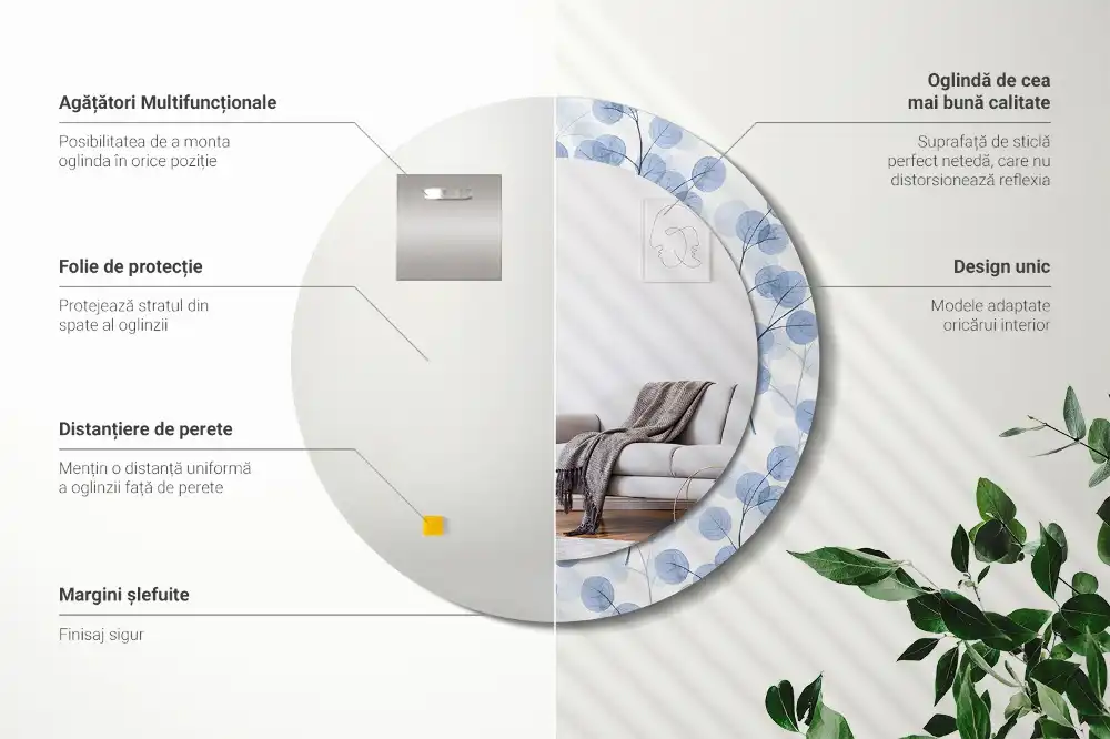 Okroglo stensko okrasno ogledalo Veje in listi