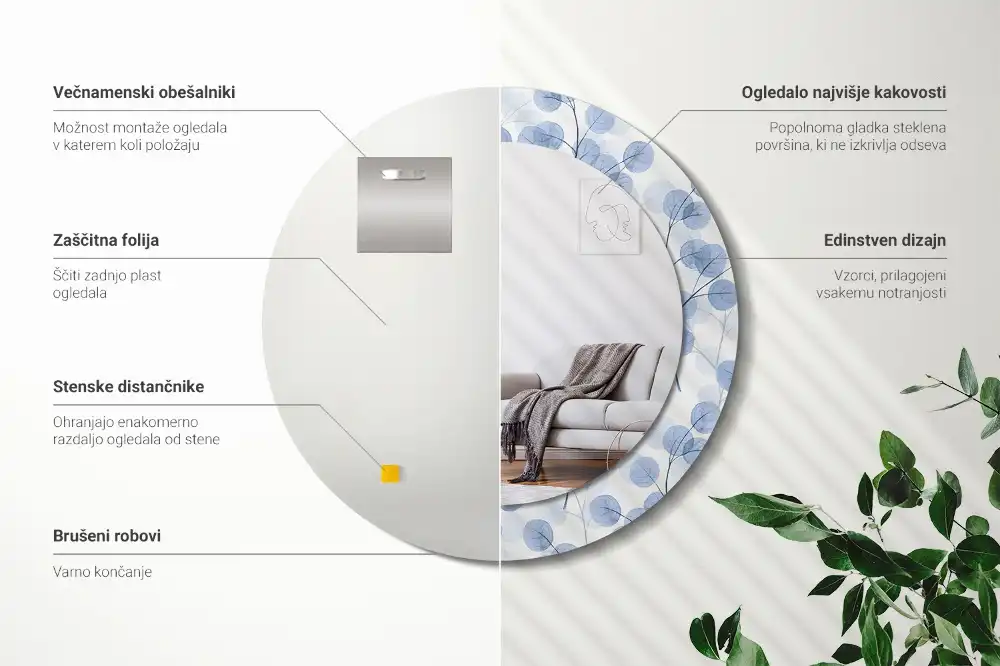 Okroglo stensko okrasno ogledalo Veje in listi