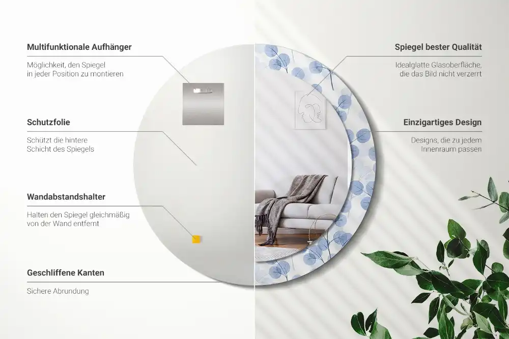 Okroglo stensko okrasno ogledalo Veje in listi