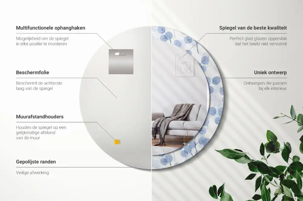 Okroglo stensko okrasno ogledalo Veje in listi