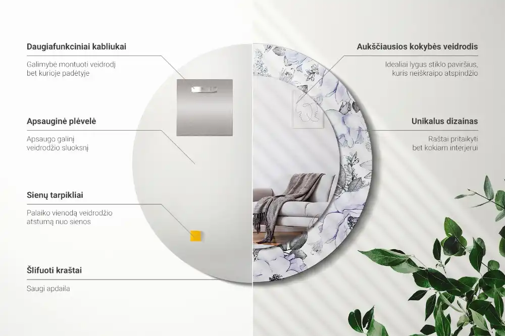 Okroglo stensko okrasno ogledalo Modre vrtnice