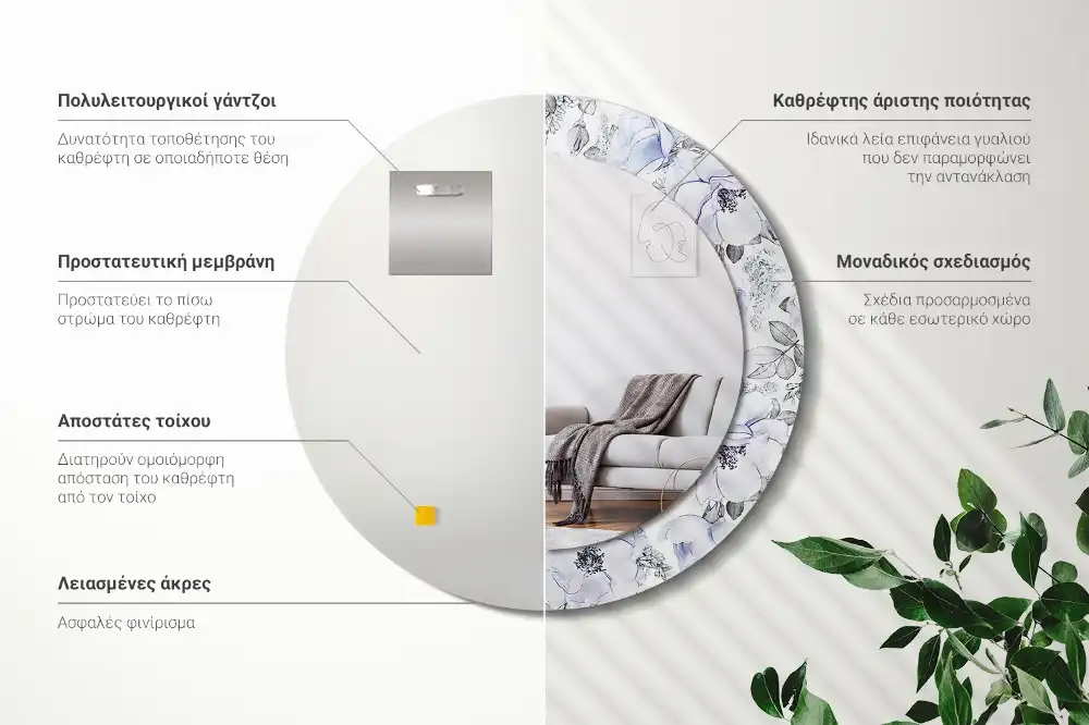 Okroglo stensko okrasno ogledalo Modre vrtnice