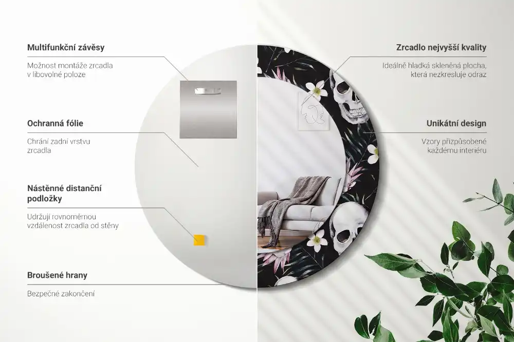 Tiskano okroglo ogledalo Lobanje cvetov