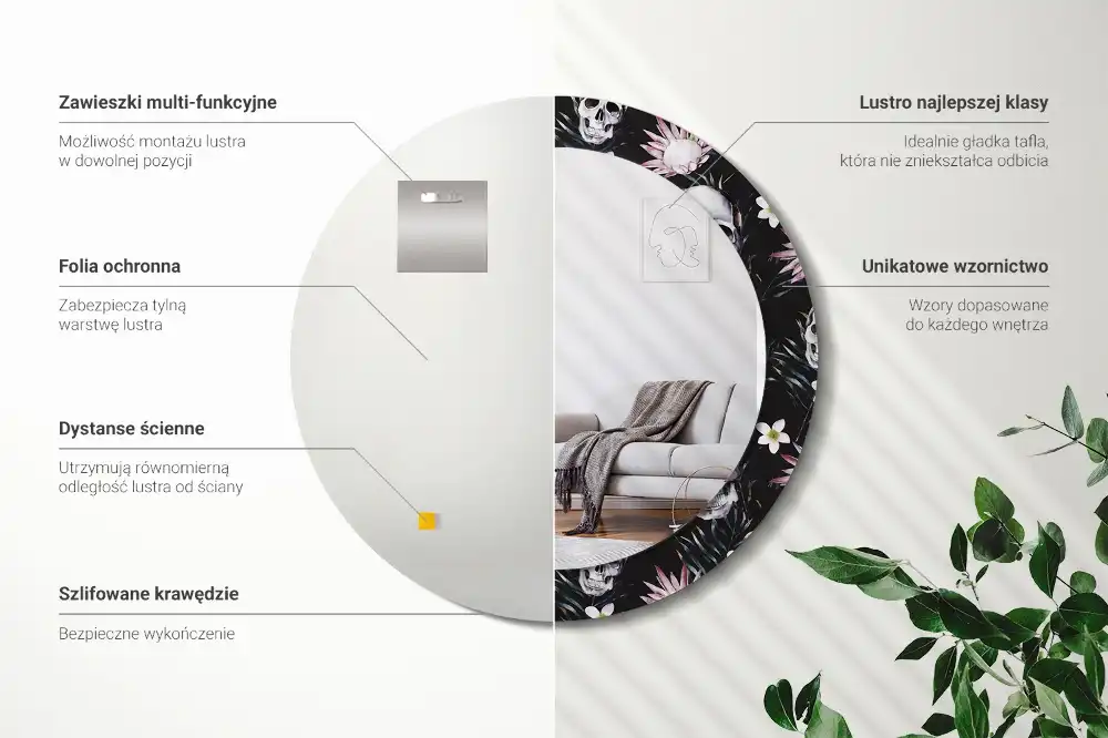 Tiskano okroglo ogledalo Lobanje cvetov