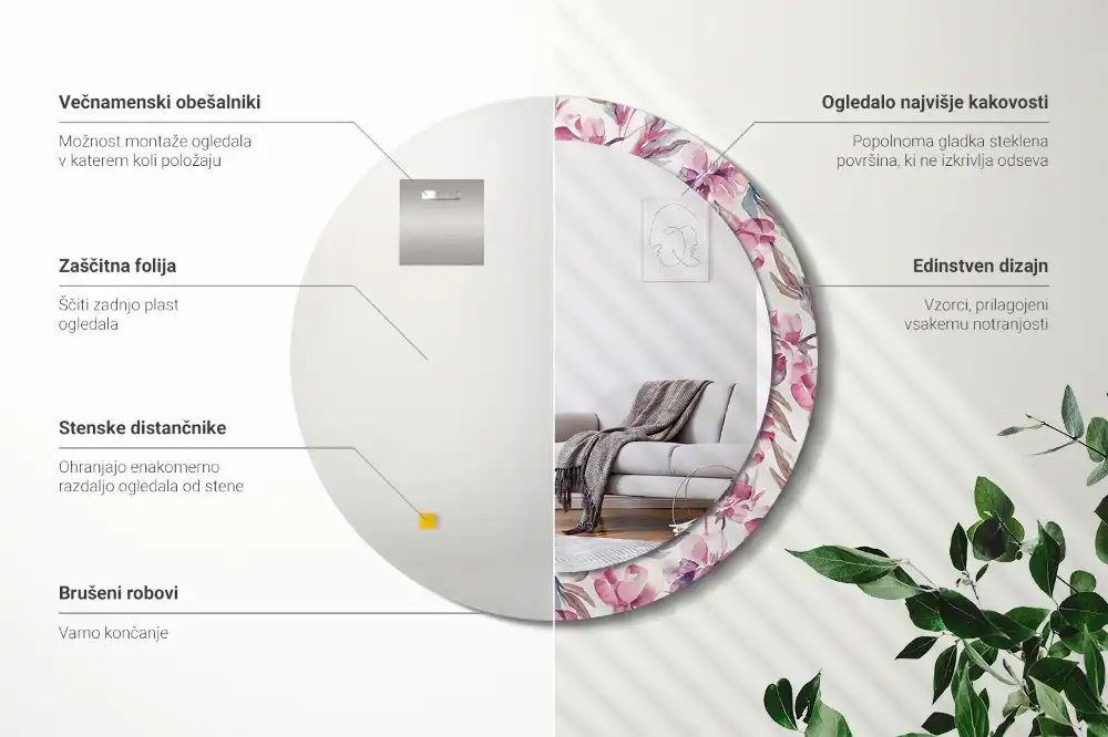 Tiskano okroglo ogledalo Cvetovi potonike