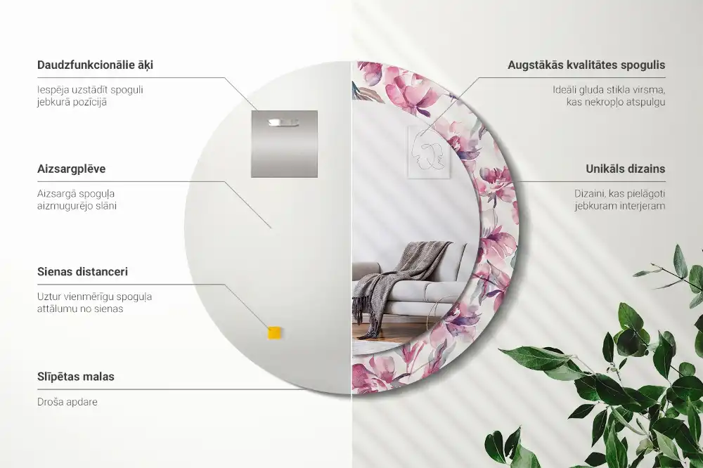 Tiskano okroglo ogledalo Cvetovi potonike