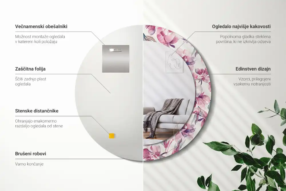 Tiskano okroglo ogledalo Cvetovi potonike