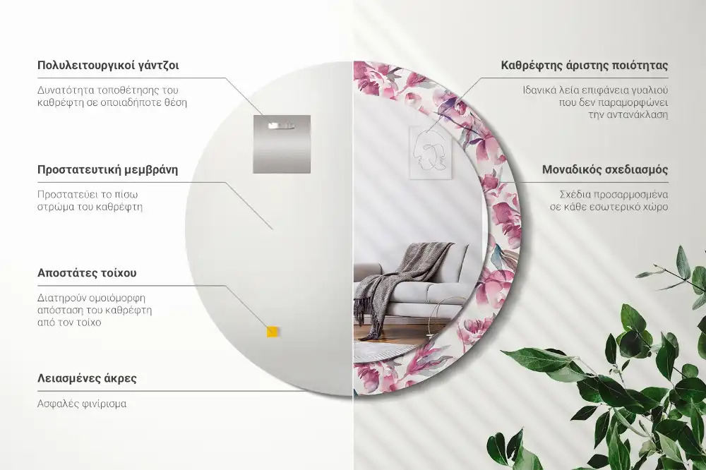 Tiskano okroglo ogledalo Cvetovi potonike