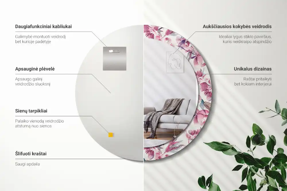 Tiskano okroglo ogledalo Cvetovi potonike