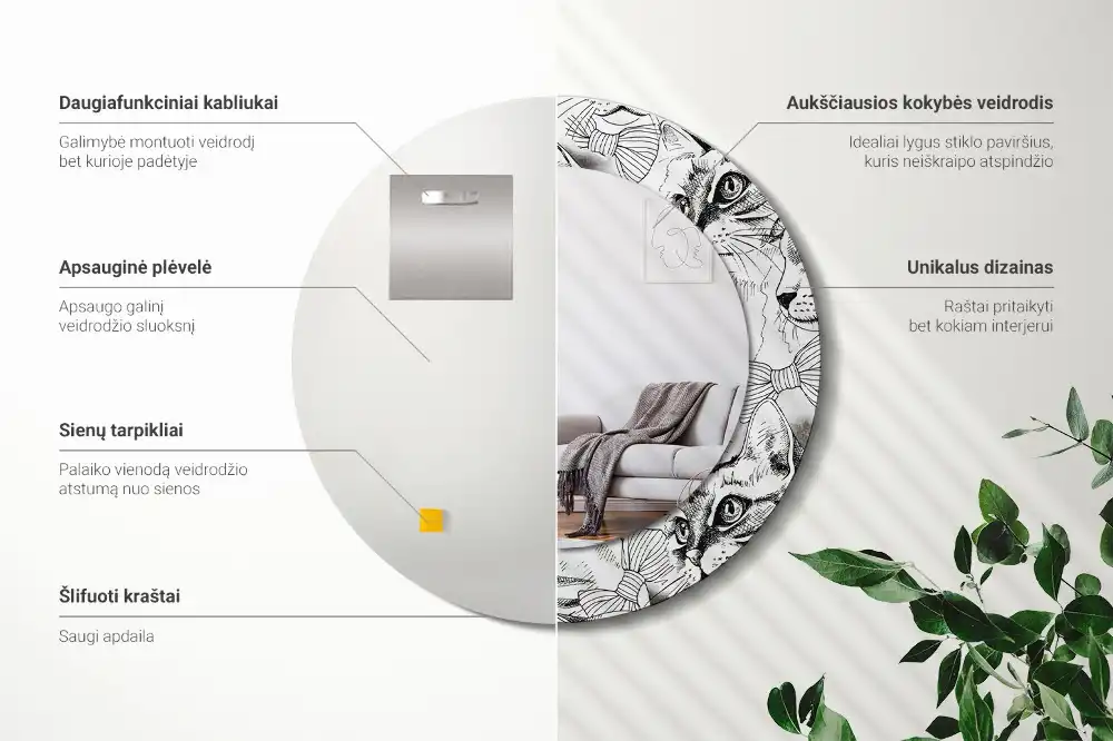 Okroglo stensko okrasno ogledalo Mačke