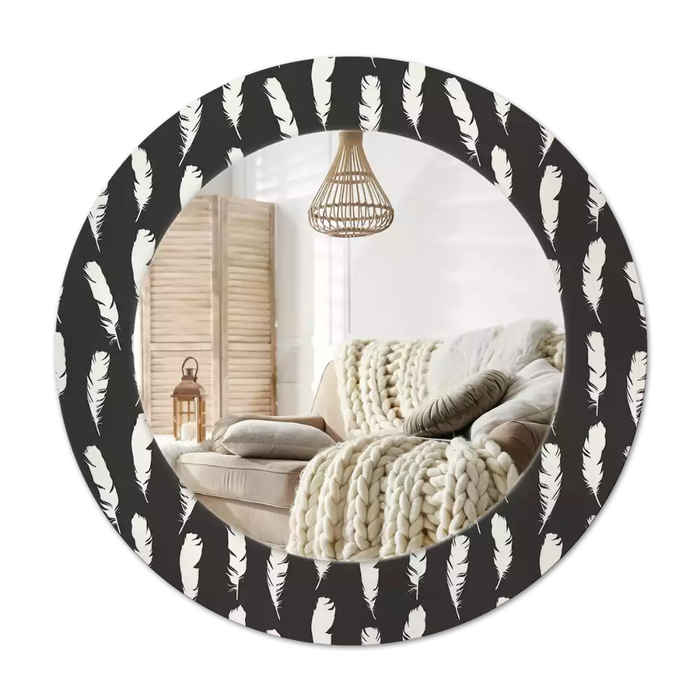 Tiskano okroglo ogledalo Črno-belo perje