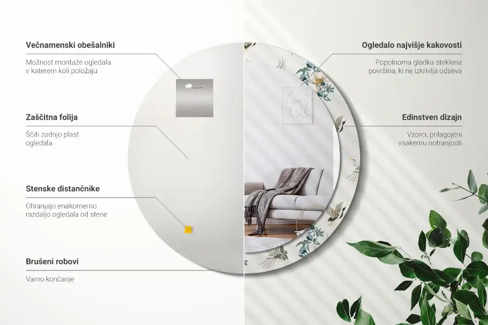 Tiskano okroglo ogledalo Kitajske ptice