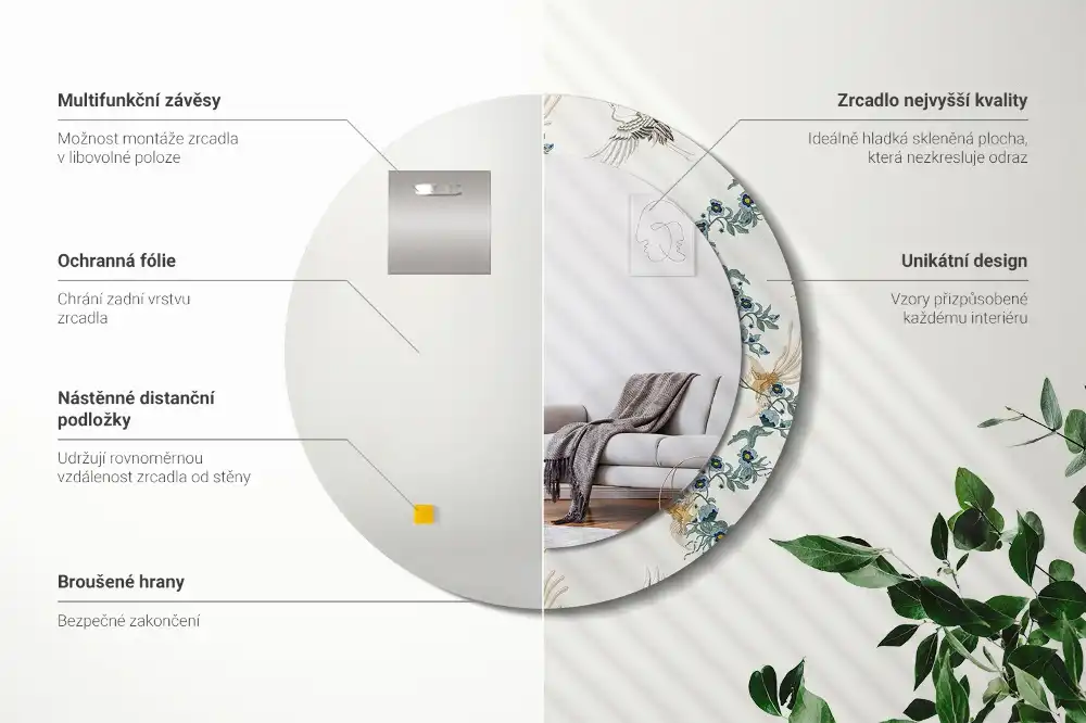 Tiskano okroglo ogledalo Kitajske ptice