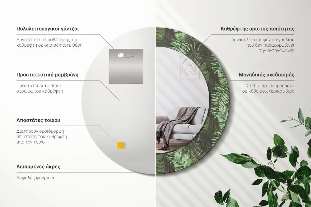 Okroglo stensko okrasno ogledalo Tropski listi