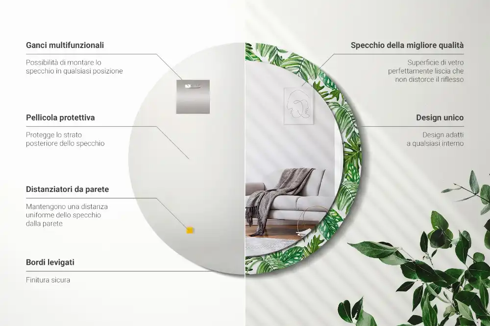 Tiskano okroglo ogledalo Listi iz džungle