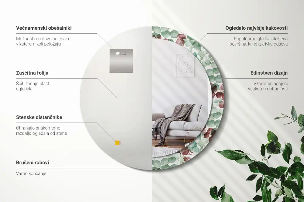 Okroglo stensko okrasno ogledalo Evkaliptus