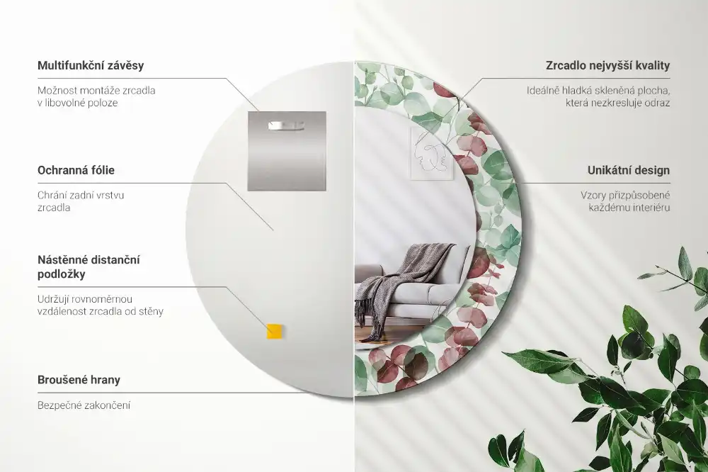 Okroglo stensko okrasno ogledalo Evkaliptus