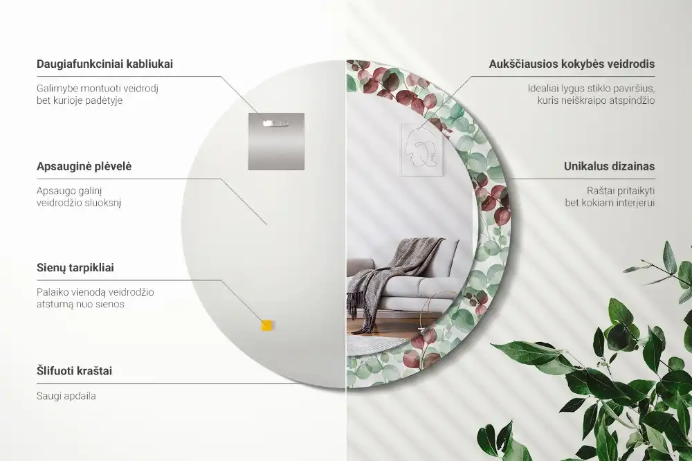 Okroglo stensko okrasno ogledalo Evkaliptus