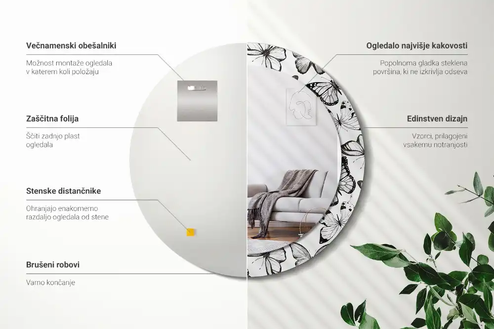 Tiskano okroglo ogledalo Metulji