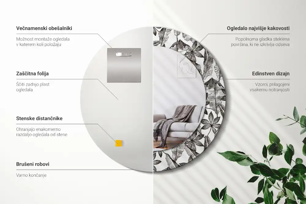 Okroglo stensko okrasno ogledalo Tropski listi