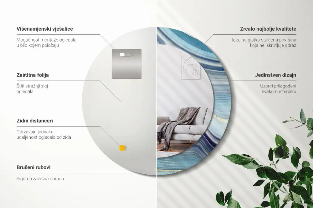 Tiskano okroglo ogledalo Modri ​​marmor