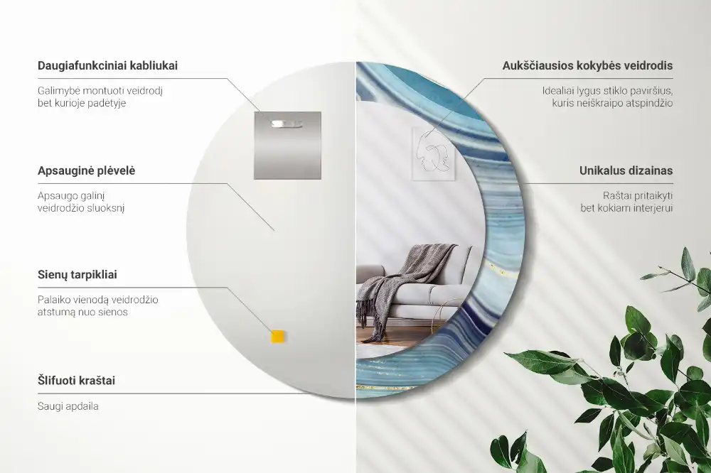 Tiskano okroglo ogledalo Modri ​​marmor