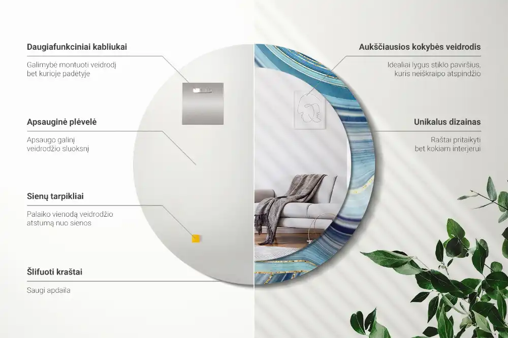 Tiskano okroglo ogledalo Modri ​​marmor