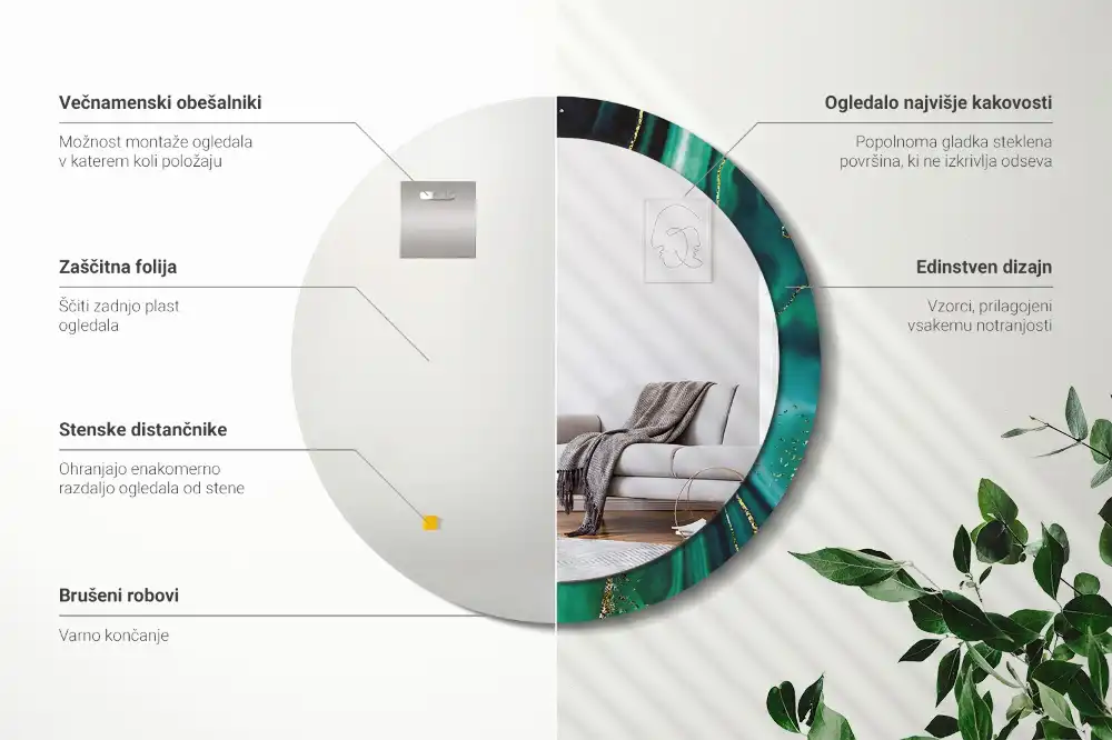 Tiskano okroglo ogledalo Smaragdni marmor