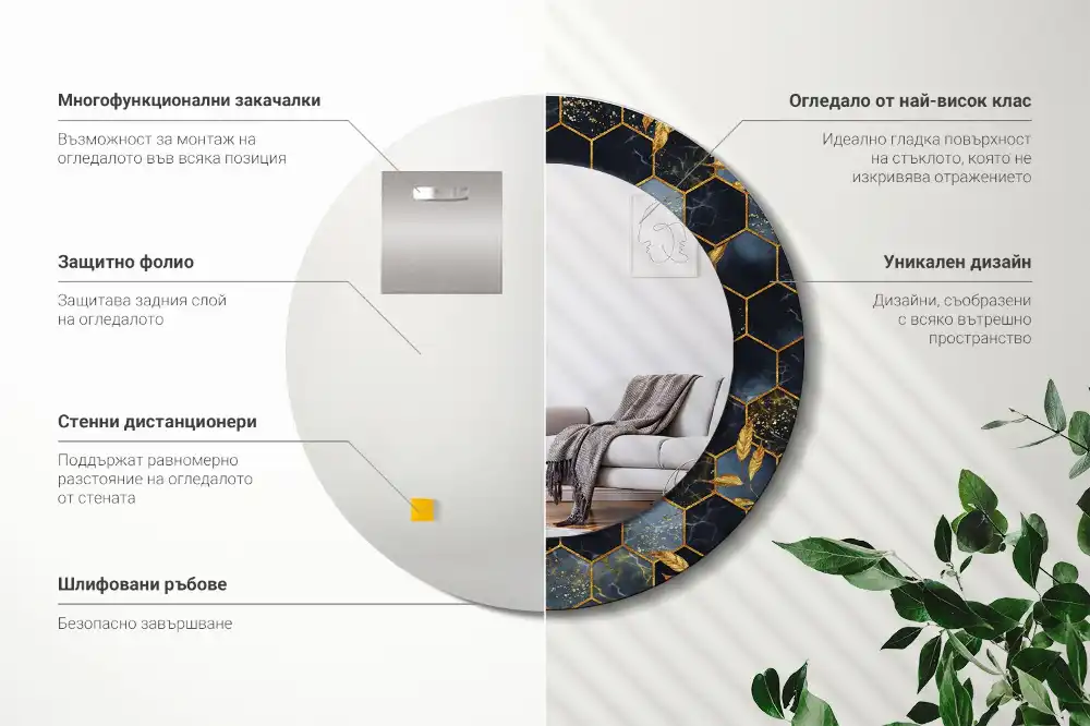 Tiskano okroglo ogledalo Šesterokotni marmor