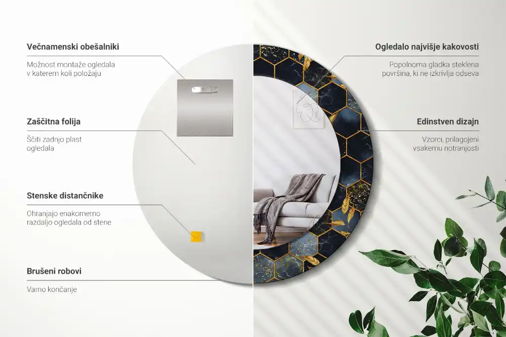 Tiskano okroglo ogledalo Šesterokotni marmor