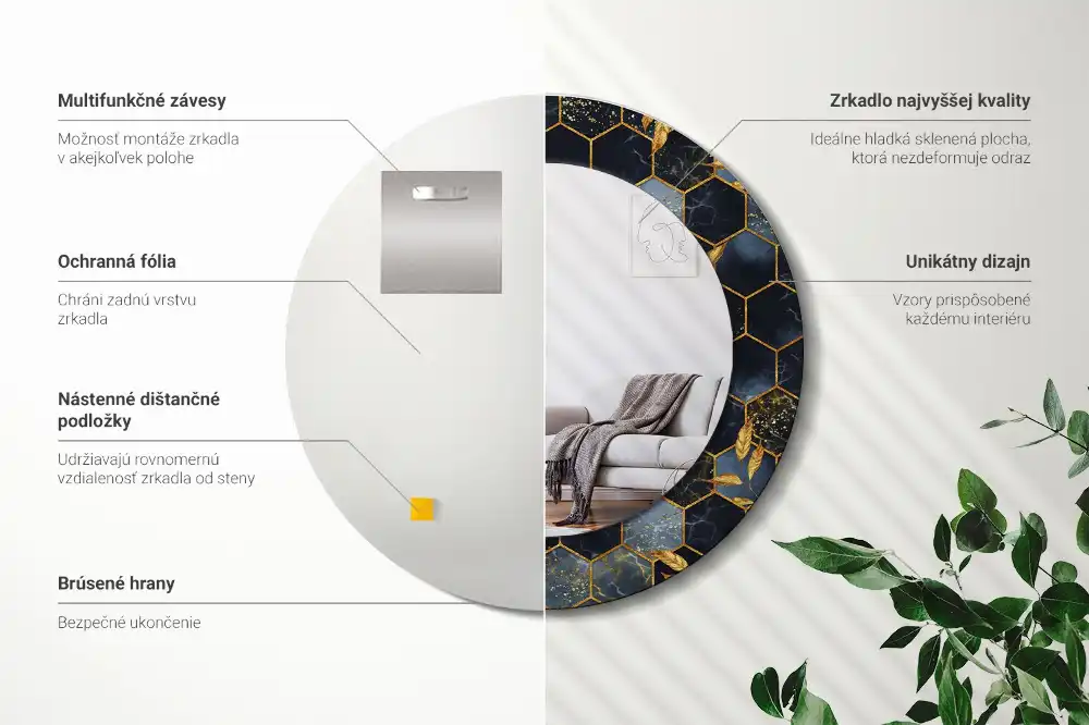 Tiskano okroglo ogledalo Šesterokotni marmor