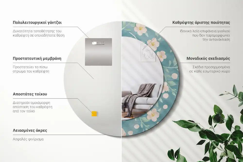 Okroglo stensko okrasno ogledalo Cvetlični vzorec